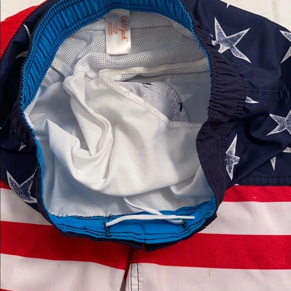 Cat and Jack American Flag red white blue swim trunks L = 12-14